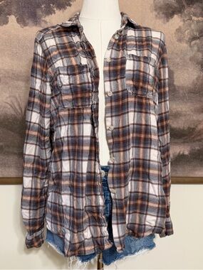 Mossimo Supply Co. Brown and Blue Plaid Button-Down Flannel  Boyfriend Fit